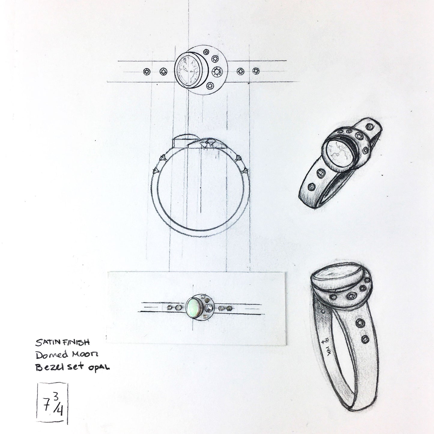 Crescent Moon Ring with Opal and Diamonds