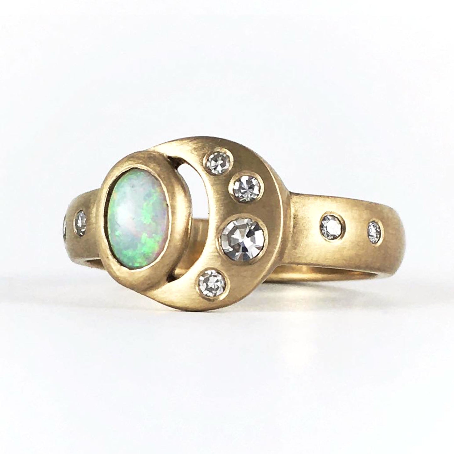 Crescent Moon Ring with Opal and Diamonds
